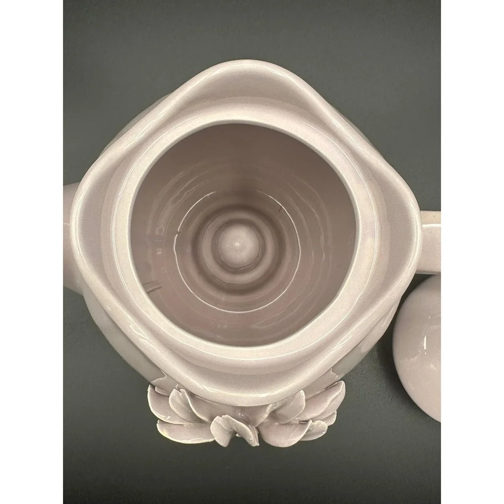 Lavender Ceramic Teapot 3D Floral Applique Scalloped Rim Vintage Pastel 6.5in